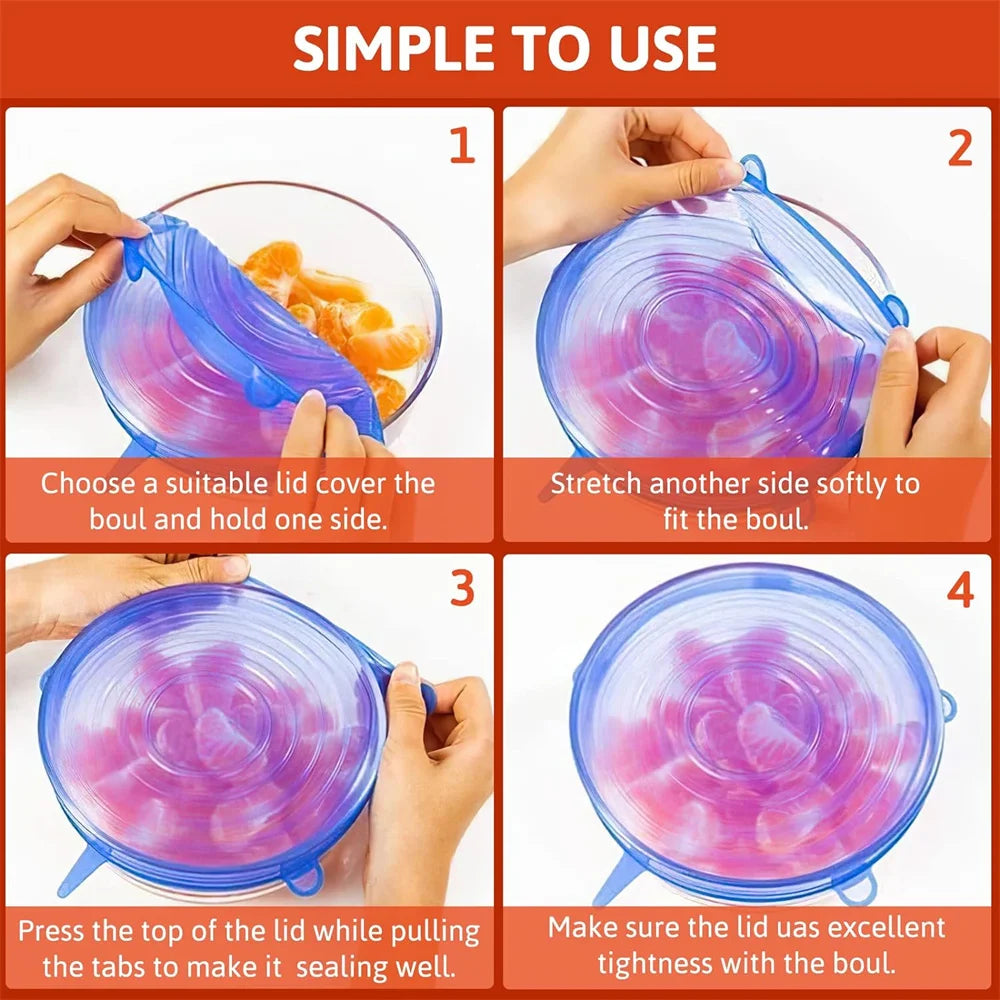 6Pcs Food Grade Silicone Cover Airtight Food Universal Dish Stretch Round