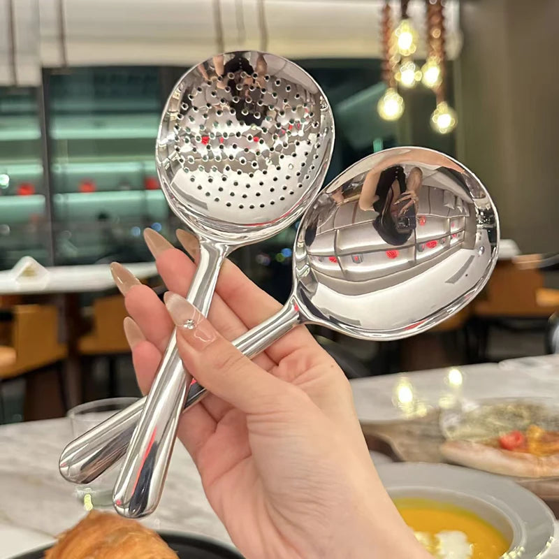 Stainless Steel Filter Soup Spoon Drain Hole Heat Insulated Handle Kitchen Utensils For Daily Use For Serving Soup Rice Serving