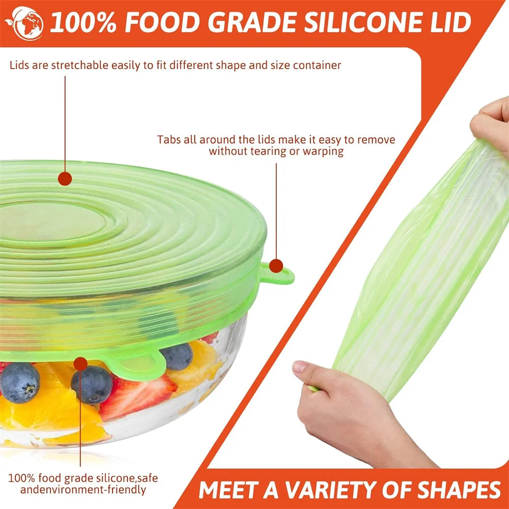 6Pcs Food Grade Silicone Cover Airtight Food Universal Dish Stretch Round