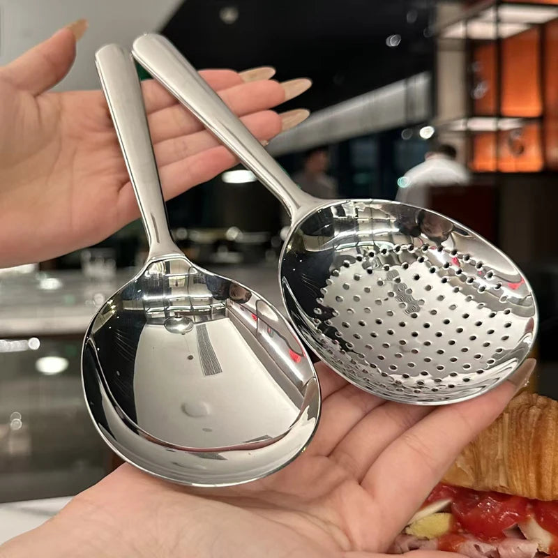 Stainless Steel Filter Soup Spoon Drain Hole Heat Insulated Handle Kitchen Utensils For Daily Use For Serving Soup Rice Serving